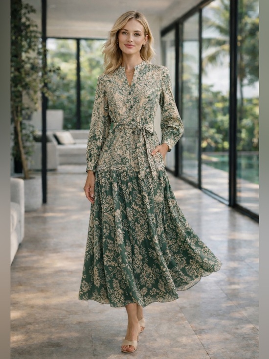 Miss June Dresses & Skirts - New Women's Green Paisley Maxi Dress with Long Sleeves one size